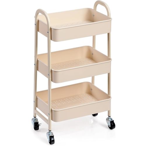 AGTEK 3-Tier Rolling Carts with Wheels, Rolling Utility Cart with Iron Frame for Kitchen, Plastic Shelves, Living Room, Office, Beige