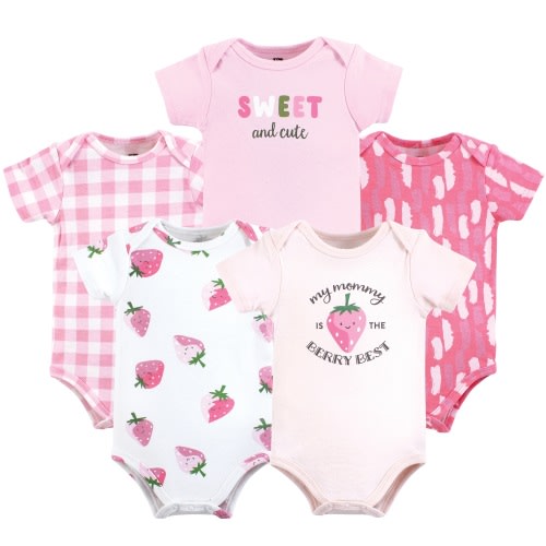 Hudson Baby Infant Girl Cotton Bodysuits, Pink Strawberry