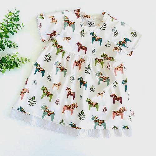 Dala horse girls organic cotton dress NB-6YRS, Baby toddler clothes from Sweden, Gift for Swedish Nordic baby Mom, Swedish baby shower gift