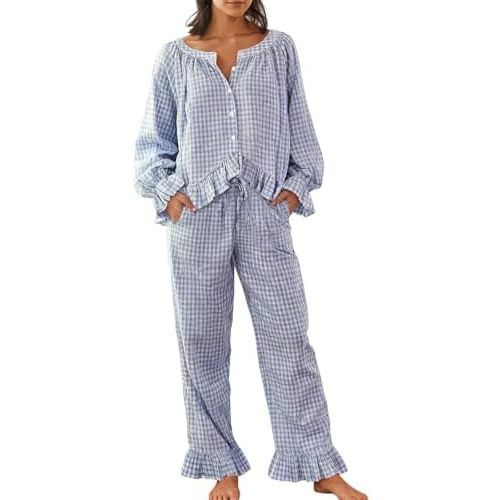 WOWULOVELY Womens Long Sleeve Gingham Pajama Set 2 Piece Plaid Cotton Babydoll Shirt and Leg Pants Cute Ruffle Pjs Set