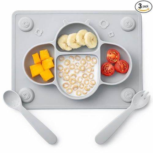 ROCCED Suction Plates for Baby Placemat Spoon Fork Set for Toddlers, Silicone Baby Plates with Suction Baby Dishes for Kids Plates-grey