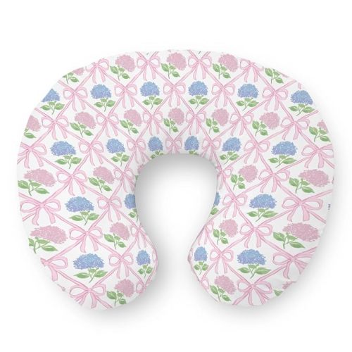 Preppy Bows Floral Nursing Pillow Covers Pink Hydrangea Blue Bows Soft Stretchy Removable Covers for Breastfeeding Pillows Pastel Hydrangea Flowers Pillow Slipcover for Baby Girls Boys Newborn