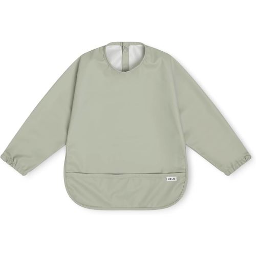 Lalo Long Sleeve Baby Bib, Waterproof, Elastic Cuffs, Large Catch-All Pocket, Recycled Polyester, Ages 6-24 Mo., Sage