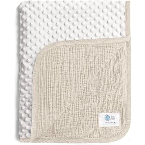 lulumoon Baby Blankets for Newborn Muslin: Thermal Minky Dotted Backing - Cotton Receiving Blanket for Baby Essential & Registry Gift 30"x40"(Ivory)