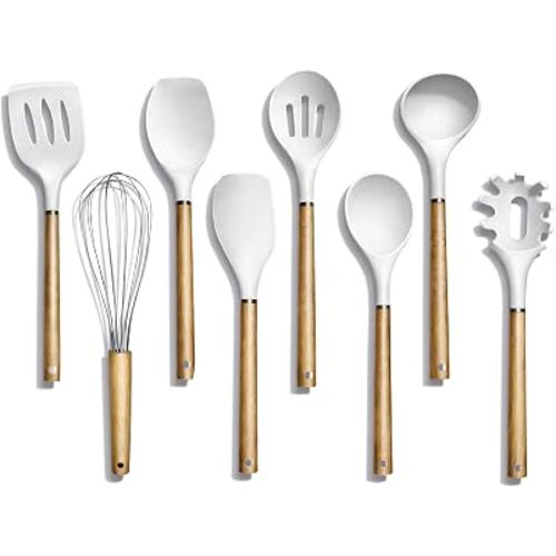 Country Kitchen Non Stick Silicone Utensil Set with Rounded Wood Handles for Cooking and Baking, 8 Piece Set, White
