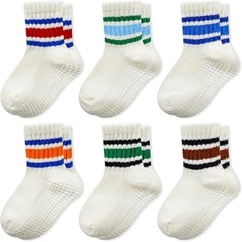 BONANGEL Baby Socks with Grips, 6 Pairs Combed Cotton Seamless Non Slip Crew Socks for Infant Toddler Girls Boys 0-5T