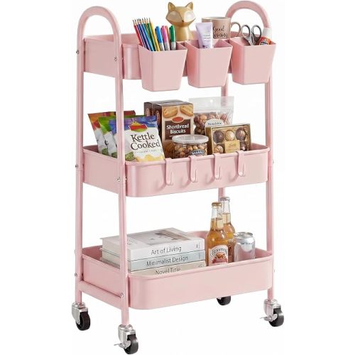 danpinera 3-Tier Rolling Cart, Utility Cart Mobile Metal Rolling Storage Cart with Lockable Wheels & Hanging Cups & Hooks for Kitchen, Bathroom, Office, Workshop, Pink