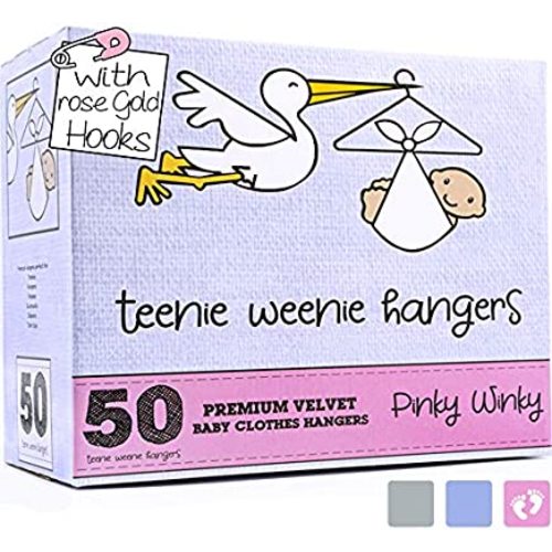 Teenie Weenie Hangers, Premium Quality Velvet Baby Hangers, Space Saving, Ultra Thin, Non-Slip Design, Perfect Size for Babies, 360° Spin Hook, 50 pc (Pink/Gold)