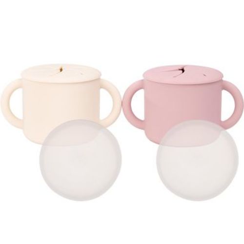 WeeSprout Snack Containers, Food Grade Silicone Cups, Spill-Proof Tops for Toddlers & Babies - Set of 2 (Matte Pink, Matte Off White)