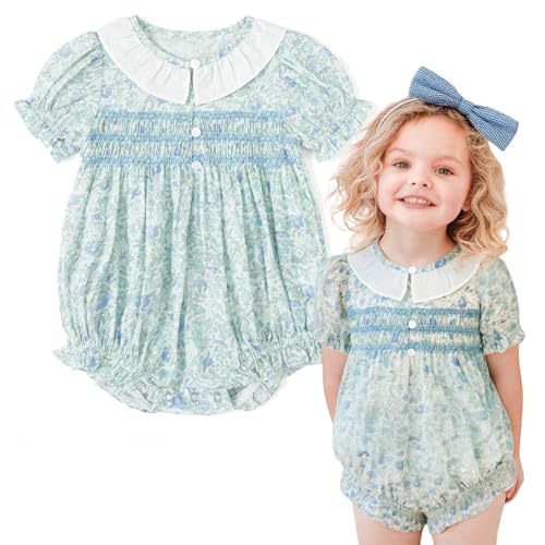 Curipeer Baby Girl Smocked Romper,Ruffle Collar Bubble Floral Outfit,3M-2T | Soft Breathable Cotton, Spring Summer Daily Wear, Park and Garden Outings, Cute Photoshoots, Newborn and Infant Gifts