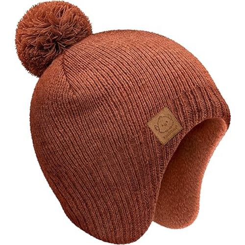 Baby Beanies, Baby Hats for Boys, Girls - Cute Toddler Winter Hat, Soft & Stretchy Beanies for Infant, Newborn 0-6 Months, Cozy & Warm with Earflap Muff & Pom (Clay, S)