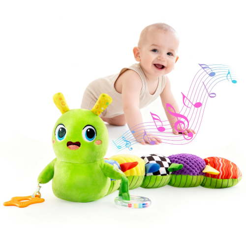 Syvio Musical Caterpillar Baby Toy- 10 Song Soft Stuffed Animal with Crinkle Rattles, Tummy Time Sensory Toy for Newborn Boys & Girls 0-12M, Green