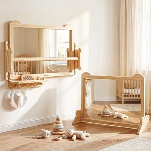 Wisreach Montessori Baby Mirror 2-in-1 Floor & Wall Mountable with Adjustable Bar & Shelf, Baby Safe Pull Up Bar Mirror for Tummy Time, Standing Training, Toddler for Bedroom, Nursery