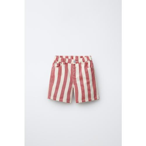 STRIPED BAGGY DENIM SHORTS - Red | ZARA United States