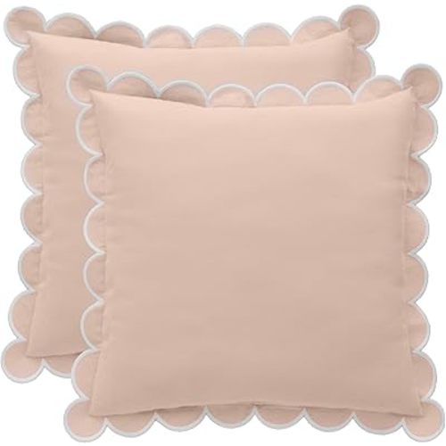BEBE BASK Scalloped Pillow Cover - Set of 2-18 x 18 Inch - Scallop Pillow Covers – Peach Pink Scalloped Pillows - Scallop Pillows - 100% Cotton - Grandmillennial Style (Peach Pink/White)