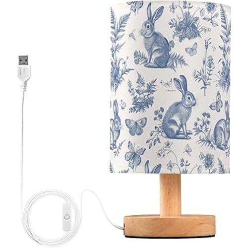 French Rabbits Butterfly Botanical Table Lamp for Bedroom USB Port Lamps Small Accent Table Lamp Nightstand Lamp Study Linen Shade with Wooden Base, Decorative Lamps for Bedside Reading|Kids|Dorm|Home