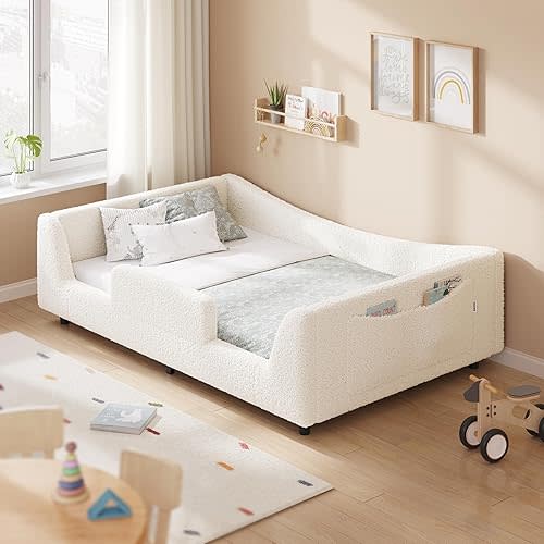 Twin Floor Bed, Low Montessori 2-in-1 Beds, with Slats and High Rails, Upholstered Teddy Boucle, Curve Round Frame for Girls and Boys, No Box Spring Needed, Easy Assemble, Beige (Twin)