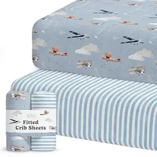 Crib Sheets Neutral - Fitted Baby Crib Sheets Bed for Girl Boy - 2 Pack Standard & Toddler Mattress - Buttery Soft Organic Cotton Blend (Airplanes in the Clouds)