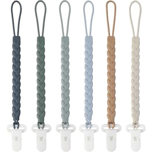 6-Pack Silicone Pacifier Clips with a Woven Rope Shape for Baby Boys and Girls - Flexible and Rust-Free Holders for Teething Relief and Baby Essentials, Safe for Newborns (Grey)