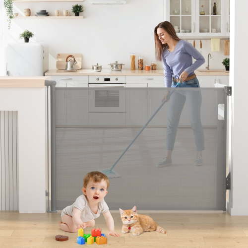 Vomeast Retractable Mesh Baby Gates, Extends up to 55in Wide, 37.4in Tall Safety Dog Gates for Stairs Doorways Hallways(Grey)