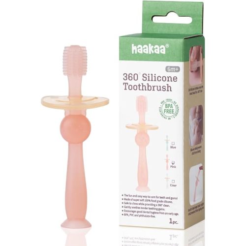 haakaa 360° Silicone Baby Toothbrush – 100% Soft Food Grade Silicone, BPA-Free, Suction Base, Safe for Babies 6 Months+, Gentle Gum and Teeth Cleaning for Infants, Gum Massager (Berry Red)