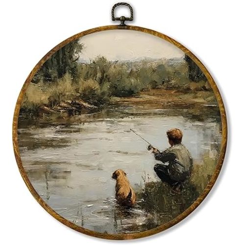 Hiuwevt Vintage Farmhouse Round Wall Art Decor, Fishing Framed Canvas Prints, Rustic Boy Fishing with Dog Lakeside Round Wall Hanging Decor for Home Bedroom Living Room Decorations, 10x10 Inches