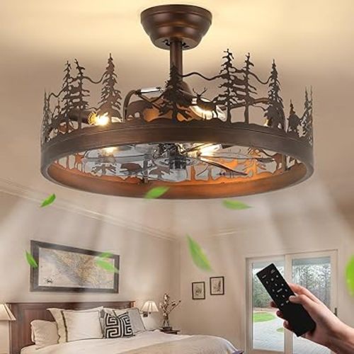 Farmhouse Rustic Ceiling Fan with Light, 21" Vintage Cage Ceiling Fans with Lights, Rustic Ceiling Fan for Living Room, Bedroom, Hallway, Entryway Lighting