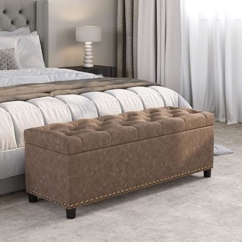 BELLEZE 47" Storage Ottoman, Storage Bench with Safety Close Hinge, Faux Leather Button-Tufted Ottoman for Living Room, Entryway, Hallway, Foot Rest, Support 300lbs - Rustic Brown