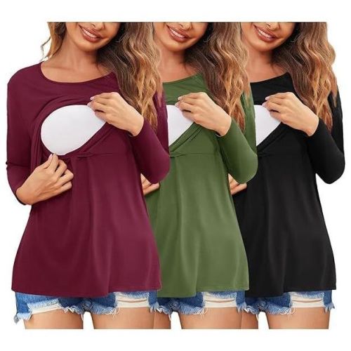 Ekouaer Women 3 Packs Nursing Shirts Long Sleeve Breastfeeding Tops Round Neck Postpartum Double Layer Maternity Tee Black/Army Green/Dark Red L