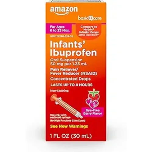 Amazon Basic Care Infants' Ibuprofen Oral Suspension, Pain Reliever and Fever Reducer, 50 mg/1.25 mL, Berry Flavor Concentrated Drops, Dye-Free, 1 fl oz (Pack of 1)
