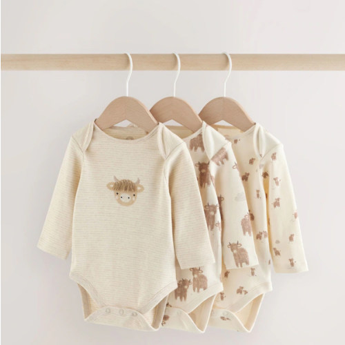 Neutral Hamish Long Sleeve Baby Bodysuits 3 Pack from Next Australia