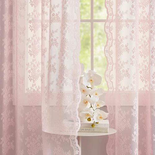 Vintage Lace Curtains 84 Inches Long- Pretty Pastel Floral Pink Sheer Curtain Panels for Living Room Girl Bedroom,Light Filtering, Cute Princess Girls Room Drapes 2 Panels 52W x 84L