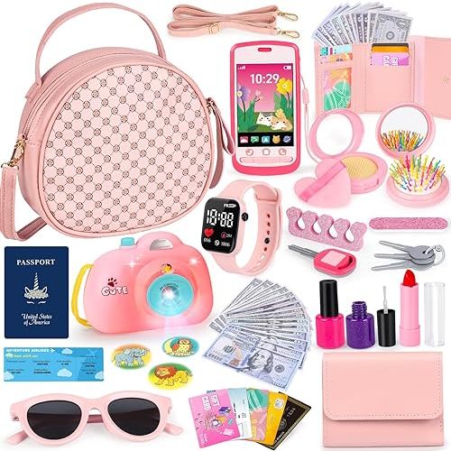 Play Purse Toy for Girls, 40PCS Kids Purse with Pretend Princess Toys Includes Handbag, Camera with Projector, Phone, Wallet, Kids Birthday Gift