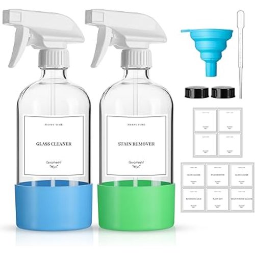 GIVAMEIHF 2 Pack Glass Spray Bottles with Silicone Sleeve,16oz Clear Glass Spray Bottles Refillable Empty Bottle with Adjustable Nozzle,Spray Bottle for Essential Oils,Cleaning Solutions,Pets,Hair