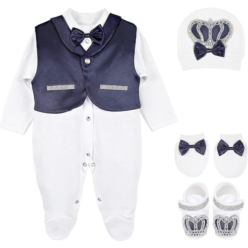 Lilax Baby Boy Jewels Crown Tuxedo Outfit Layette 5 Piece Gift Set 0-3 Months