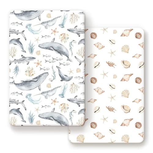 GRSSDER Stretchy Super Soft Jersey Knit Fitted Pack n Play Sheets Set 2 Pack,Portable/Mini Crib Sheets Snug and Safe,Beautiful Marine Organism for Boys and Girls
