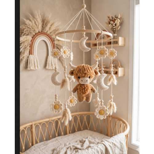 Boho Highland Cow Crochet Mobile, Neutral Nursery Crib Mobile, Handmade Baby Shower Gift, Daisy Moon Nursery Decor