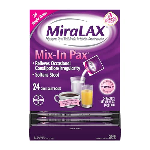 MiraLAX Gentle Constipation Relief Laxative Powder, Stool Softener with PEG 3350, No Harsh Side Effects, 1 Doctor & OBGYN Recommended, Single Dose Mix-in Pax, Travel Pack, 24 Dose