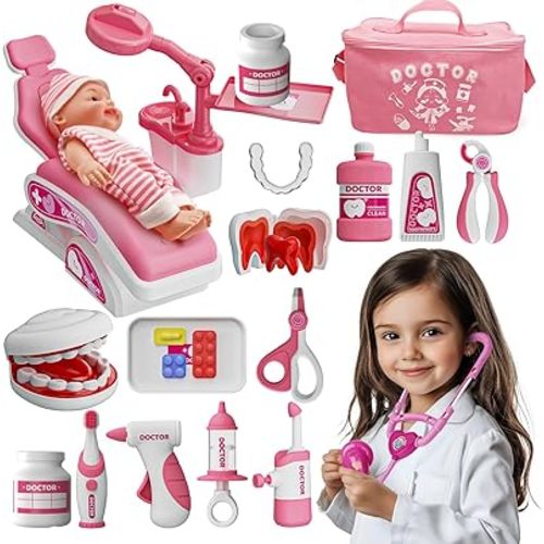 Toy Doctor Kit for Toddlers, Kids Dentist Play Set with Dentist Chair, Doll Toy, Stethoscope, Large Carrying Storage Bag, Dental Accessories, Pretend Doctor Play Medical Gift Kit for Girls(Pink