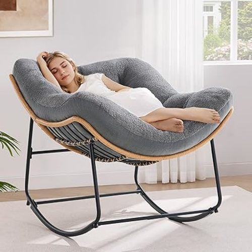 ONBRILL Outdoor Rocking Chairs, Oversized Papasan Rocking Chair Indoors with Padded Cushions, Rattan Wicker Lounge Chair for Living Room, Porch, Patio, Garden, Gray