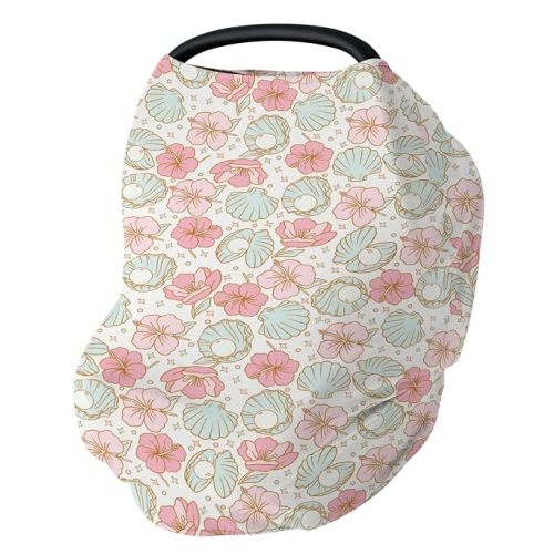 Boho Summer Mermaids Floral Car Seat Cover for Baby Beach Seashells Conch Tropical Flowers Stretchy 5-in-1 Cover Adjustable Infant Carseat Cover Canopy Ocean Marine Breathable Nursing Cover-Up