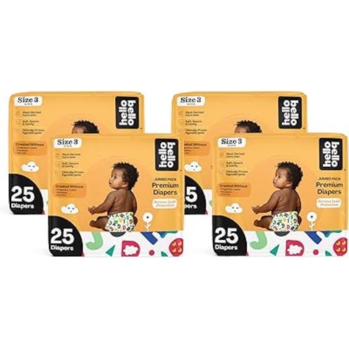 Hello Bello Premium Baby Diapers Size 3 I 25 Count of Disposable, Extra-Absorbent, Hypoallergenic Baby Diapers with Snug and Comfort Fit I Alphabet Soup (Pack of 4)