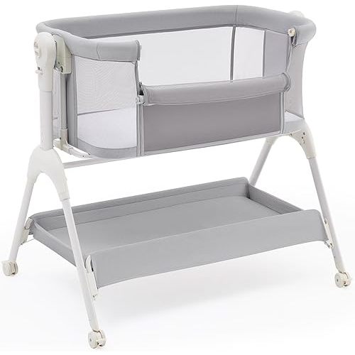 HARPPA Cuddly 3 in 1 Rocking Bassinet, Baby Bassinet Bedside Sleeper with Soft Mattress & Cover, Full Mesh Sides, 5 Height Adjustable, Wheels
