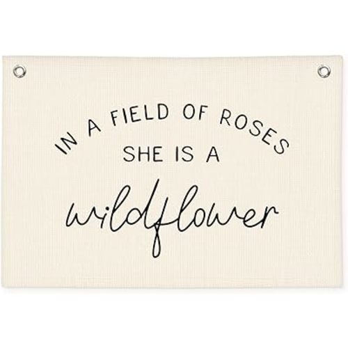 Wildflower Nursery Decor, Girls Room Decor - In a Field Full of Roses She Is a Wildflower Pink Linen Banner Flag for Little Girl Baby Girl - Black