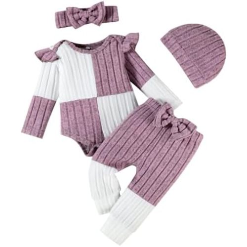 Newborn Baby Girl Clothes Color Block Romper Pants Headband Hat 4Pcs