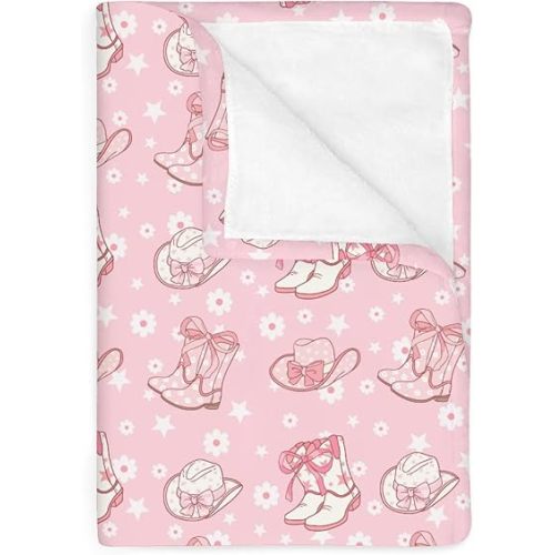 Pink Floral Bows Cowgirl Boots Hat Baby Blankets for Girl Boho Western Cowgirls Stars Soft Flannel Nursery Bed Blanket for Infant Toddler Crib Country Swaddle Receiving Blankets Playmat 30x40inch