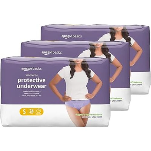 Amazon Basics Incontinence Underwear for Women, Protective, Disposable, Postpartum, Maximum Absorbency, Small, Lavender, 72 Count (3 Packs of 24)