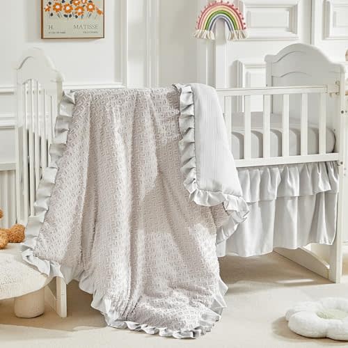 3 Pieces Tufted Crib Bedding Set with Ruffle Fringe, Grey Ruffled Comforter with Fitted Sheet and Bed Skirt, Soft and Embroidery Shabby Chic Boho Bohemian Jacquard Design for Baby Boys Girls