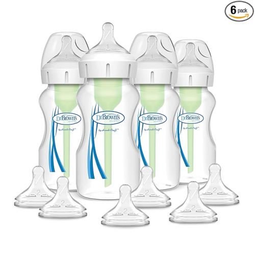 Dr. Brown's Options+ Wide-Neck Anti-Colic Baby Bottle - 9oz - 4pk and Options+ Wide-Neck Baby Bottle Nipple, Level 2 (3 Months+), 6 Count