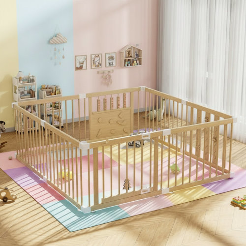 CHOSHOME Natural Pine Wood Baby Playpen | Wayfair